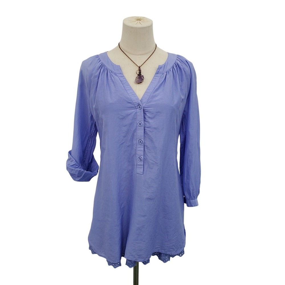 Soft Surroundings Womens PXS Purple Tunic Blouse V-Neck Button Boho Lace Hem Top